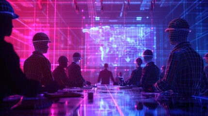 Wall Mural - Cyberpunk Workers in a Futuristic Meeting Room