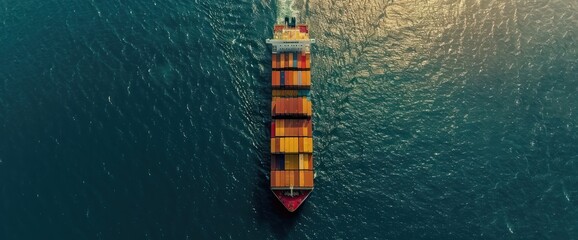 Poster - A container ship sails across a vast expanse of blue ocean water