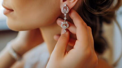 A close-up woman is wearing her white luxury earrings. Female fashion model, elegant jewelry design, pretty young skin, beauty face, glamour stylish accessory, expensive necklace