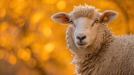 Poster - A close up portrait of a sheep in a field of golden autumn light