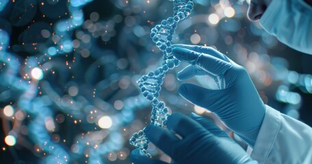 Poster - A gloved hand delicately holds a glowing strand of DNA against a blurry backdrop of twinkling lights