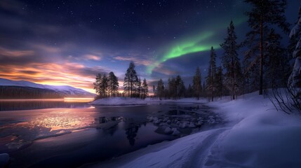 Stunning winter landscape featuring the mesmerizing Northern Lights over a tranquil, snow-covered lake surrounded by trees at dusk.