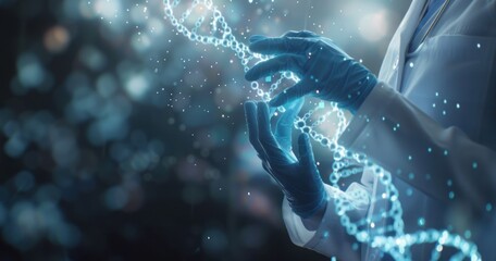 Poster - A gloved hand gently holds a glowing DNA strand in a dark background