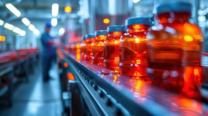 Poster - A closeup view of glass jars filled with liquid moving along a conveyor belt in a factory setting