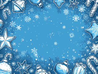 Wall Mural - Blue background with snow flakes and Christmas decoration. Christmas card concept. Copy space