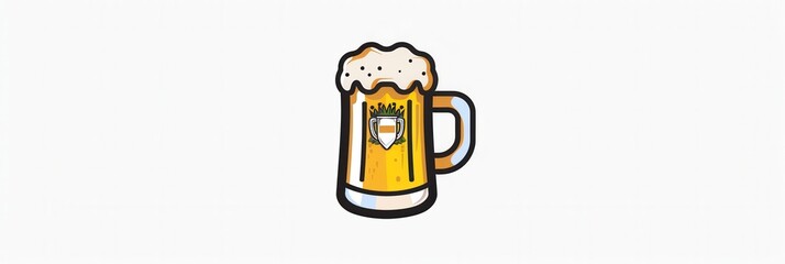 Poster - Cartoon beer logo: yellow beer in glass mug with foam head, outlined in black on white background. Generative AI