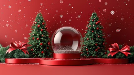christmas tree in glass snow globe on red background, christmas decorative design with white snowdri