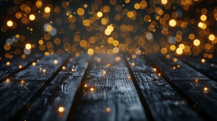 Wall Mural - Rustic Wooden Table with Glowing Bokeh Lights Background for Festive Celebrations and Cozy Atmosphere