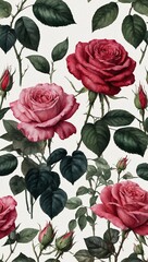 Wall Mural - Floral and botanical wallpaper with red-pink watercolor, rose line art, high contrast