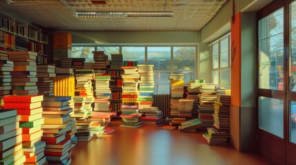 brightly lit corner of a public library, converted into a temporary office space with stacks of books and quiet ambiance