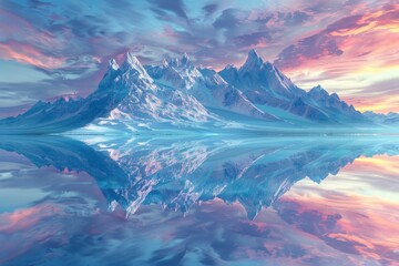 Wall Mural - 3d render, fantasy landscape panorama with mountains reflecting in the water. Abstract background. Spiritual zen wallpaper with skyline - generative ai