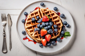 Sticker - Delicious waffles with blueberries and strawberries on a white plate.