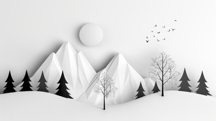 Wall Mural - A scenic mountain landscape during autumn, with clean outlines and detailed foliage designed for black and white coloring. The crisp lines make this scene perfect for relaxation and creativity.