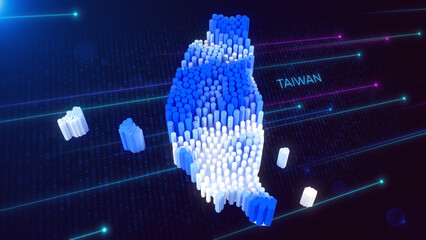 Wall Mural - 3D Perspective View of Blue and White Dynamic Hexagonal Prism Rippling Taiwan Map and Text with Hud Grid, Dotted Lines, and Light Flare Background