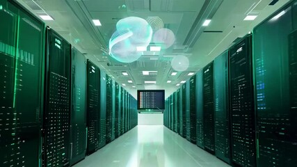 Poster - A futuristic corridor with servers and a data network, resembling an underground station or office space