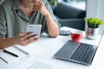 Wall Mural - Businesswoman sitting at desk on couch in workplace or at home working on laptop and analyzing data on charts and graphs and writing on papers to make business plan and strategies for company, 