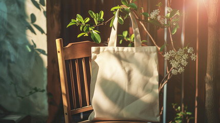 Fototapete - Blank empty white canvas tote bag mockup on chair with sunlight, for display design, eco friendly concept