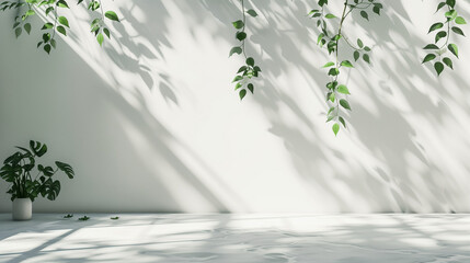 Aufkleber - Blank empty white wall and floor studio with natural leaves shadow overlay mockup background for design, product montage display