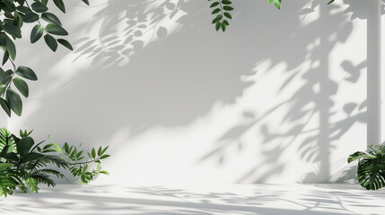 Aufkleber - Blank empty white wall and floor studio with natural leaves shadow overlay mockup background for design, product montage display
