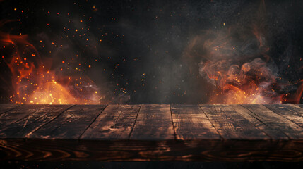 Aufkleber - Blank wooden table with fire burning at the edge of the table, fire sparks and smoke with flames on a dark background to display products