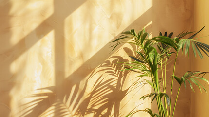 Fototapete - Modern summer minimal of plant in sunlight with long shadows on beige wall background, interior Mediterranean scene