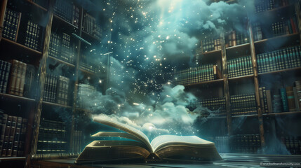 Leinwandbilder - A book floating in an ethereal library pages filled with ancient knowledge and future predictions, fantasy and magic