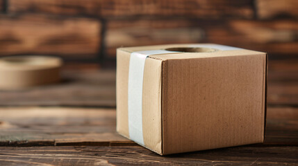 Fototapete - Close up of kraft box brown cardboard with blank white adhesive tape mockup