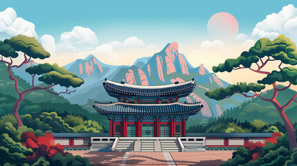 Illustration of traditional Korean architecture ancient style, tourist attraction, landmark background