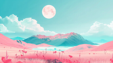 Aufkleber - Minimal landscape digital art design, mountain and sky pastel concept, illustration design