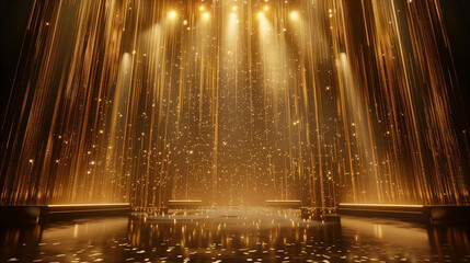 Poster - Stage opening golden stage glitter with spotlights and luxury gold light streak. Particle luxury for ceremony background