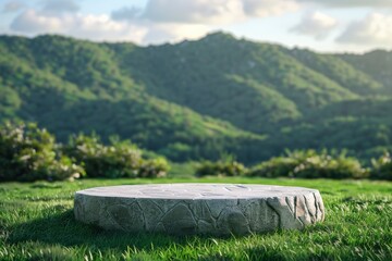 Wall Mural - Abstract 3d render platform and mockup natural background, Stone podium on the grass field backdrop meadow mountain for product stand display, advertising or etc - generative ai