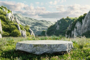 Poster - Abstract 3d render platform and mockup natural background, Stone podium on the grass field backdrop meadow mountain for product stand display, advertising or etc - generative ai