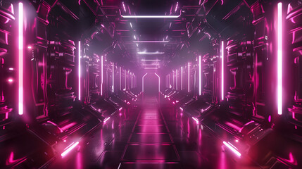 Aufkleber - Abstract sci fi futuristic hallway dark room in space station with glowing neon lights background, digital art design