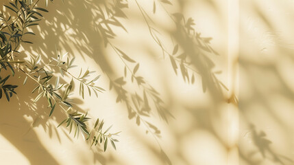 Aufkleber - Modern summer minimal of olive tree branch in sunlight with long shadows on beige wall background, copy space interior lifestyle Mediterranean scene, generative ai