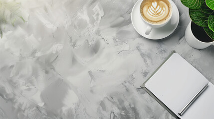 Fototapete - Business workspace desk with blank paper, coffee and plant on table background