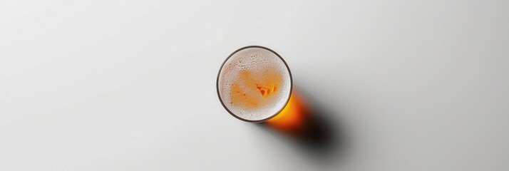 Aufkleber - A glass of light beer, seen from directly above, with a white head of foam and a soft orange shadow. Generative AI
