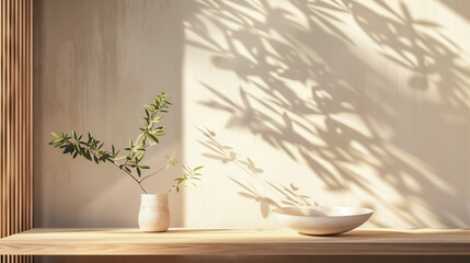 Modern summer minimal of plant in sunlight with long shadows on beige wall background, interior lifestyle Mediterranean scene