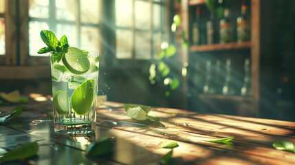 Poster - Cocktail with fresh lime and mint on light and shadow in bar