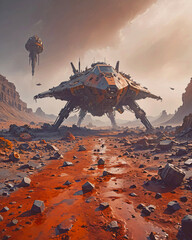 a small spaceship at rest on land in a copper-colored stream against a moody dusty sky with smaller 