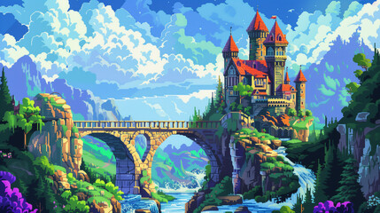 Colorful 16-bit pixel art castle perched atop an arch bridge with a scenic backdrop