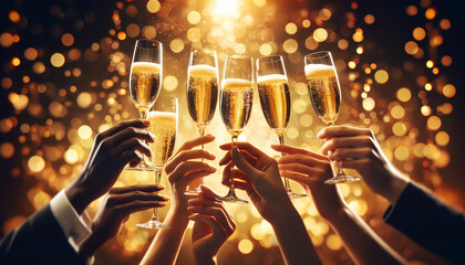 hands clinking champagne glasses. bokeh background