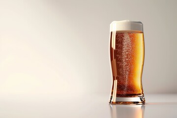 Aufkleber - A single glass of beer with a white head sits on a white surface, reflecting light. Generative AI