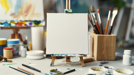 Poster - Blank white canvas on tabletop with blurred art supplies background ideal for showcasing art or craft products
