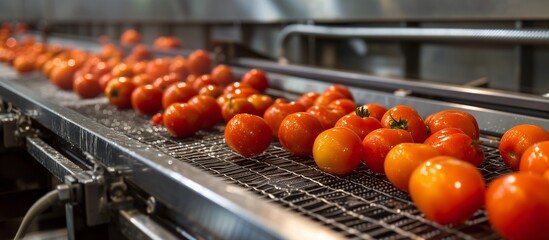 Freshly Washed Tomatoes on Food Processing Conveyor Belt in Industrial Food Production Facility