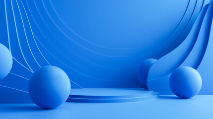 Poster - Blue abstract forms copy space background, blue cylindric platform podium stage empty place room with round blue balls and wavy forms with soft light and highlights