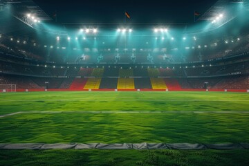 Wall Mural - Empty soccer filed, stadium with spotlight and fan tribune. Germany flag attributes. 3D render. German football team. Concept of live sport events, tournament, championship, game - generative ai