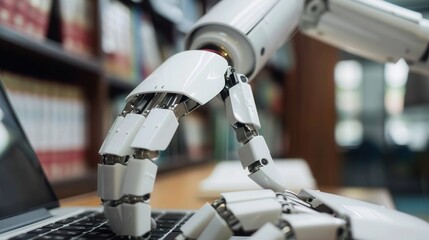 Fototapete - A white robotic hand types on a laptop keyboard in a library setting. Generative AI
