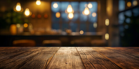 Fototapete - Brown wooden rough table with blurred caffe bar pub background with lights and cozy room, evening restaurant blurred background and old brown wooden table with empty copy space