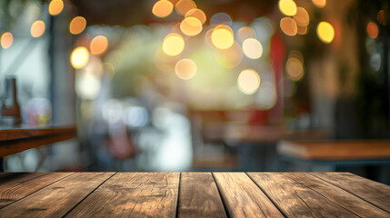 Fototapete - Brown wooden rough table with blurred caffe bar pub background with lights and cozy room, evening restaurant blurred background and old brown wooden table with empty copy space. tabletop