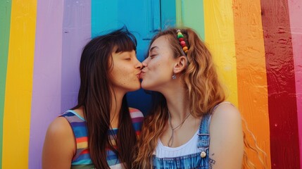 Poster - Two women sharing a tender moment, one kissing the other on lips.